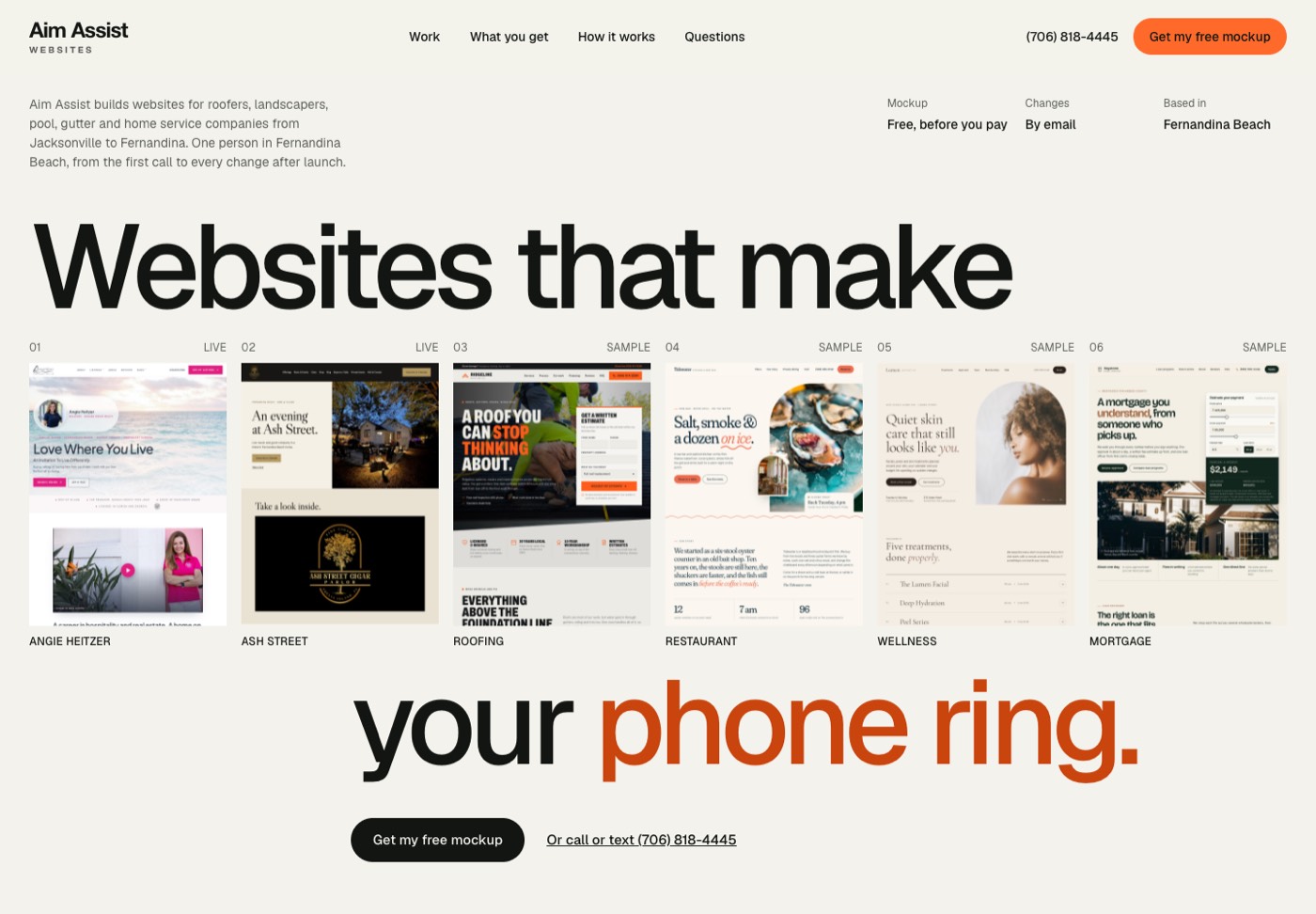 The Aim Assist Websites home page: Websites that make your phone ring